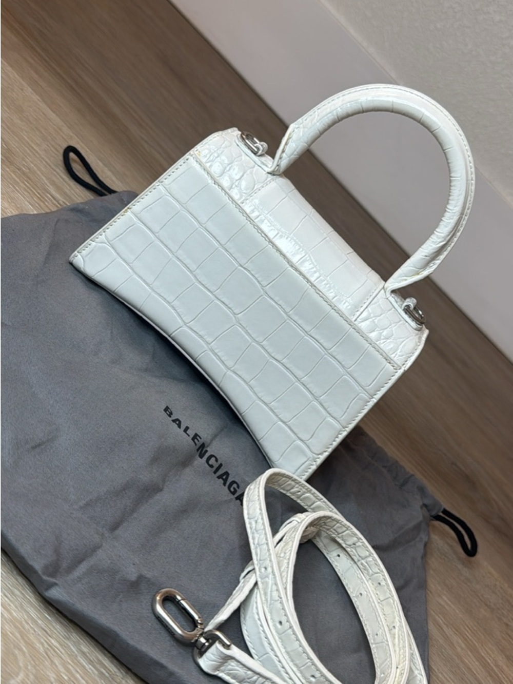 Balenciaga White Croc-Embossed Hourglass Top Handle Mini Bag - Picture 2 of 5